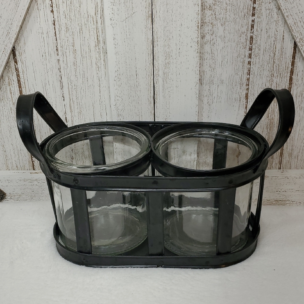 Black Metal Holder With Handles & Glass Jars Vase Home Decor